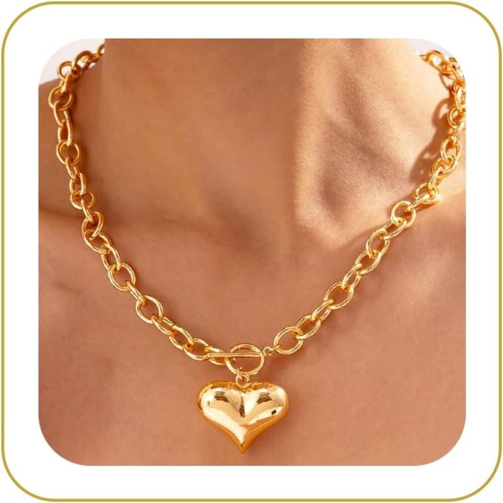 Gold Heart Necklace for Women – Chunky 14K Gold Plated Heart Pendant Necklace wi